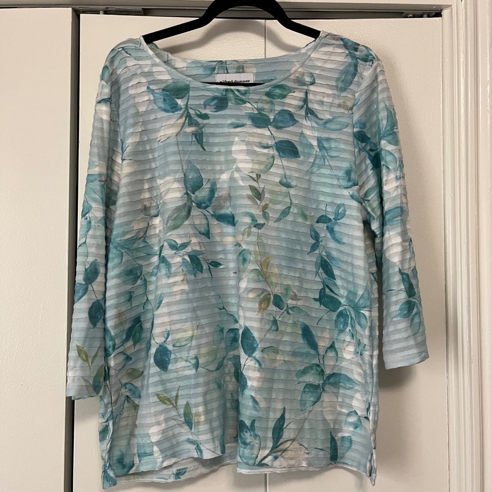 Alfred Dunner Floral Print Top Textured 3/4 Sleeve Blouse Blue Green L